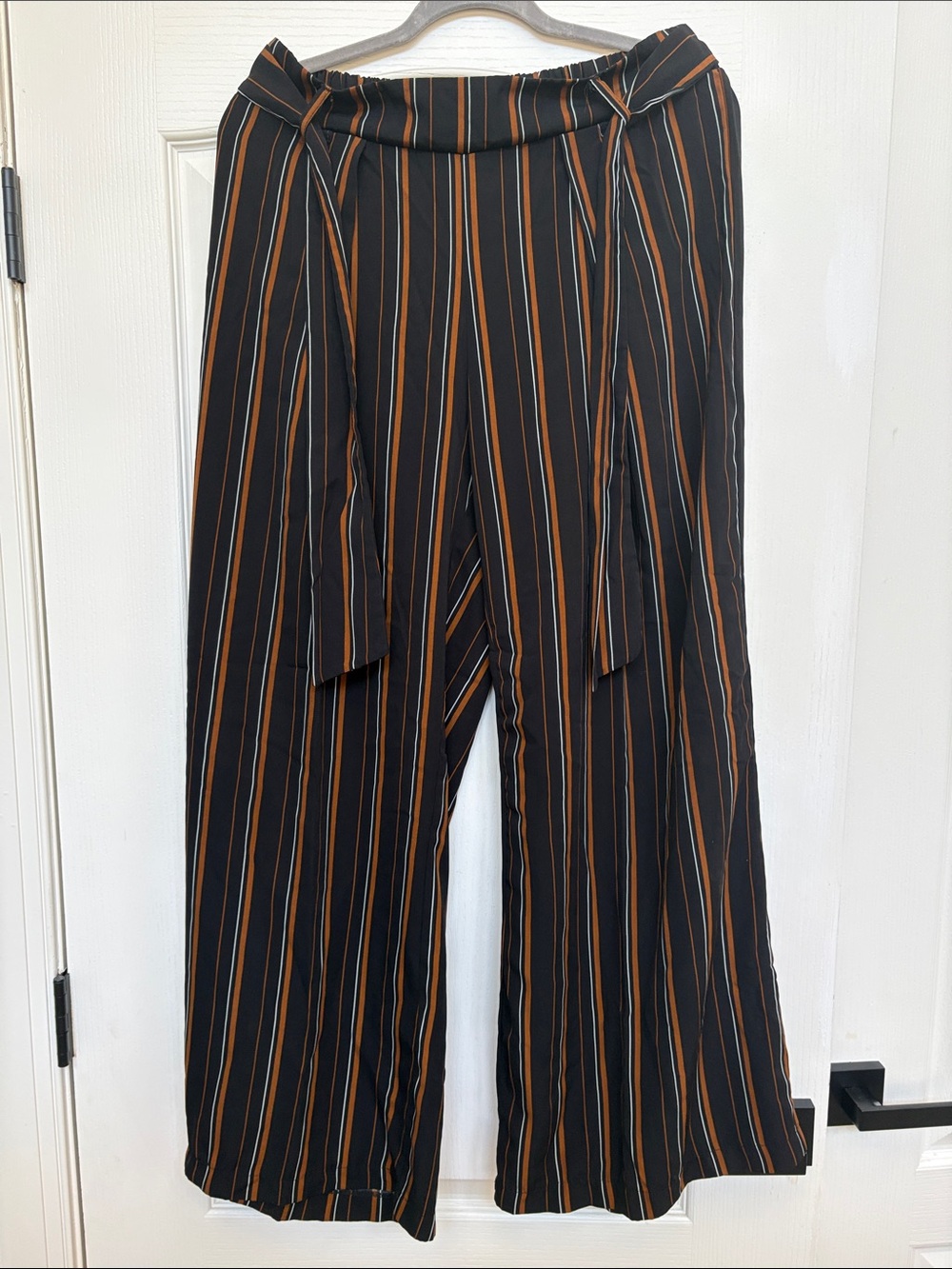 URBAN Romantics Black Wide-Leg Striped Pants with Rust & Cream Stripes